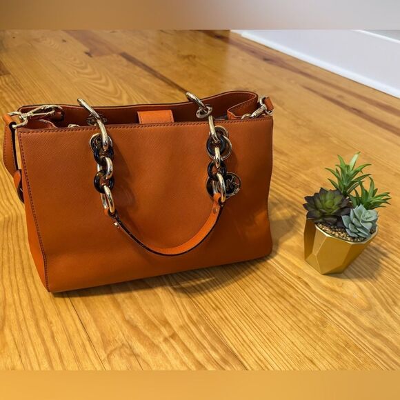 Michael Kors Cynthia Medium East West Saffiano Leather Satchel Bag Orange - Picture 1 of 16